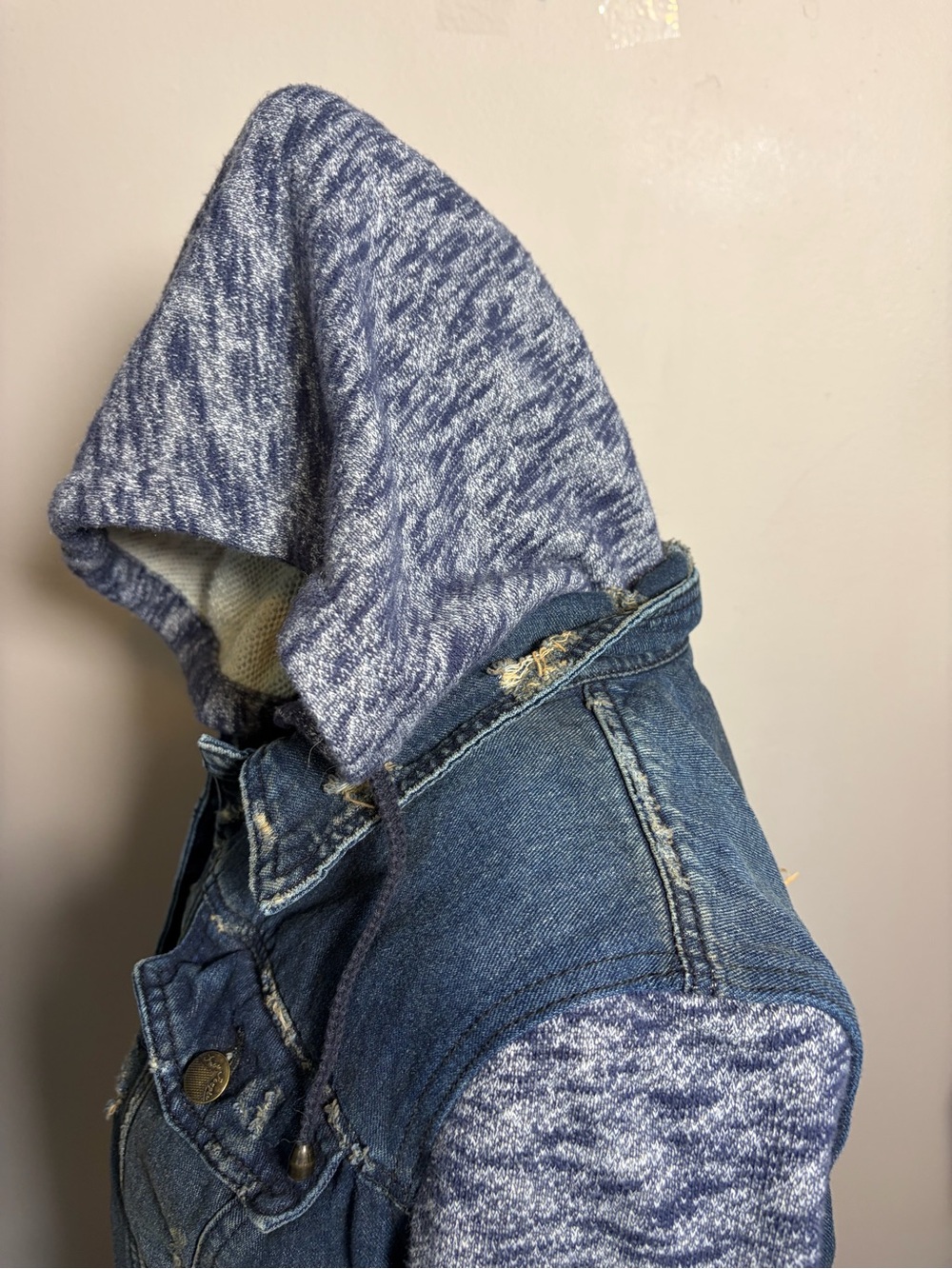 Free People Distressed Denim Jean Jacket W/ Knit Sleeves & Hood - Picture 6 of 13